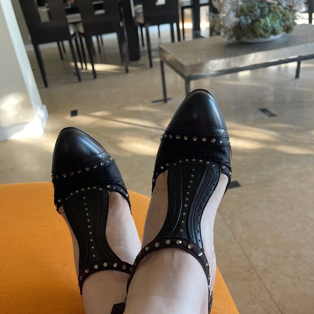 HP💝Vintage New LANVIN blk & brn satin & leather with rhinestones HEELS - Picture 2 of 13